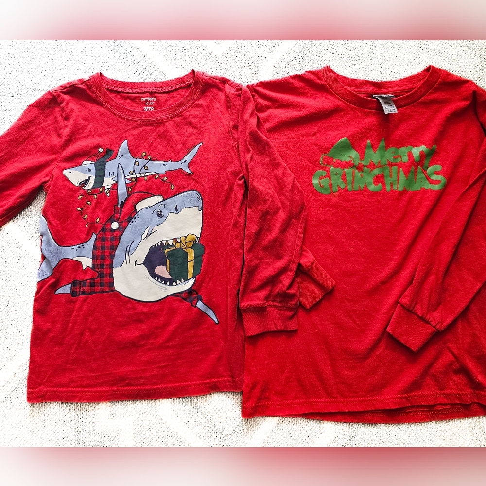 Red Kids Shark and Grinchmas Shirts